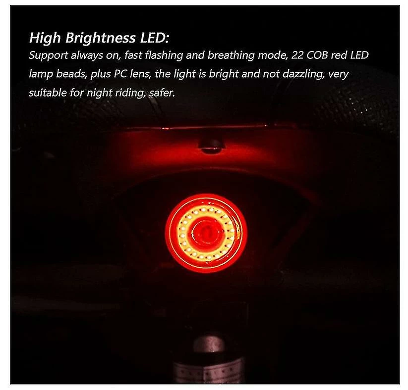 Mssugar Feu Arrière De Vélo, Smart Bike Tail Light Usb Rechargeable Bicycle Rear Light Rouge Led Avertissement De Sécurité Strobe Light Brake / Shock / Light Sensing Avec 3 Light - Image 5