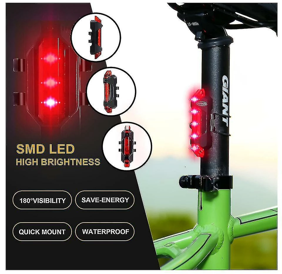 Unbranded Usb Rechargeable Bike Light Avant Et Arrière Bicycle Light Set Scooter Light 5 Leds 4 Modes Head Back Cycling Clignotant Safety Warning Lamp (noir) – Image 2