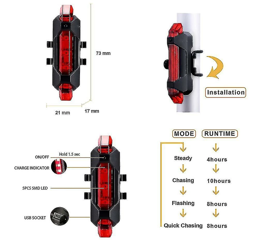 Unbranded Usb Rechargeable Bike Light Avant Et Arrière Bicycle Light Set Scooter Light 5 Leds 4 Modes Head Back Cycling Clignotant Safety Warning Lamp (noir) – Image 5