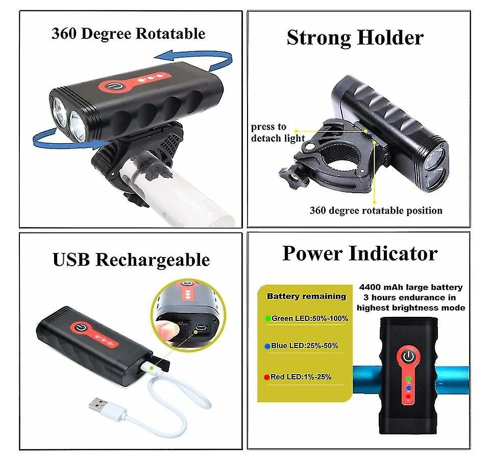 A Smile Bike Light 5 Mode Super Bright 360 Degrés Rotatif Ip65 étanche Usb Rechargeable Bicycle Light, 9.5cm4.6cm2.5cm (noir) - Image 4