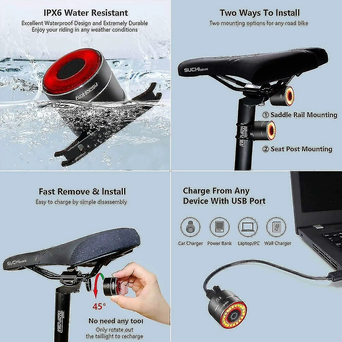 Unbranded Smart Bike Tail Light Ultra Bright Back Brake Light Usb Rechargeable Led Feu Arrière Imperméable à L’eau Feux De Cyclisme De Route – Image 5